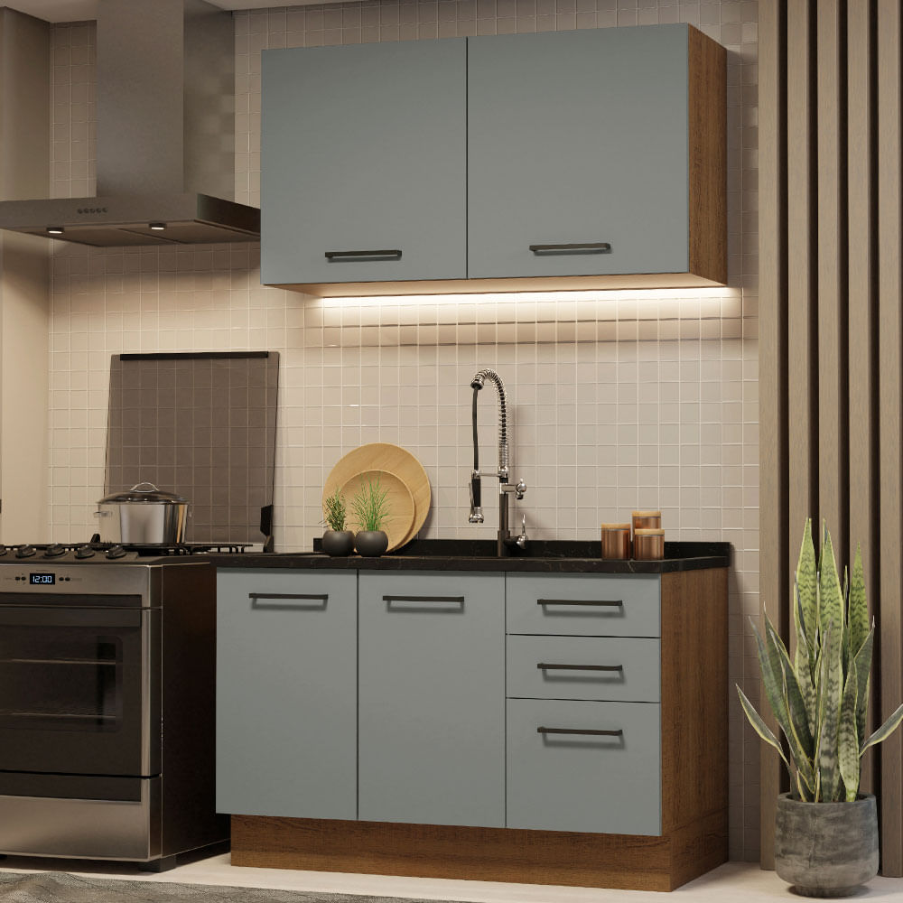 Armário de Cozinha Compacta 120cm Rustic/Cinza Agata Madesa 01 - Rustic/Cinza