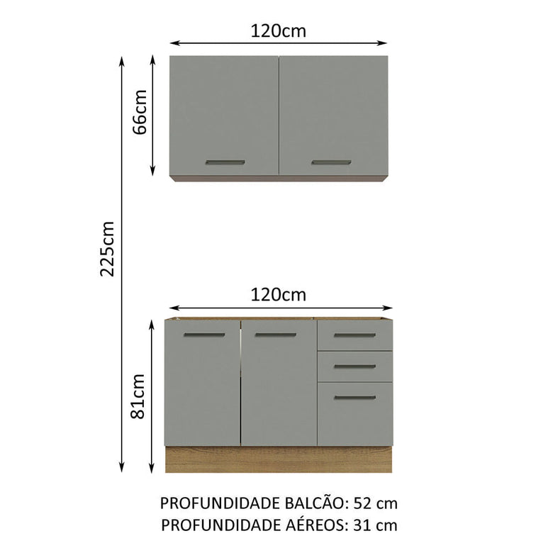 Armário de Cozinha Compacta 120cm Rustic/Cinza Agata Madesa 01