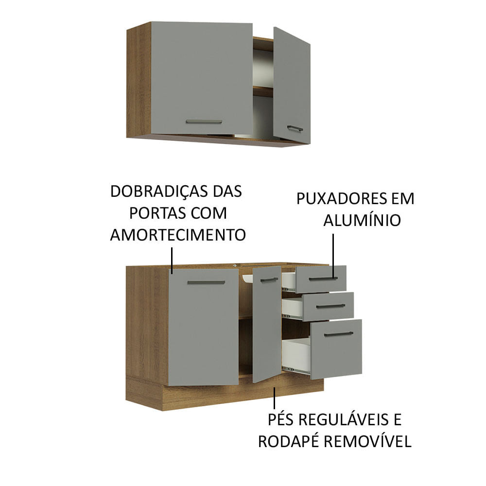 Armário de Cozinha Compacta 120cm Rustic/Cinza Agata Madesa 01