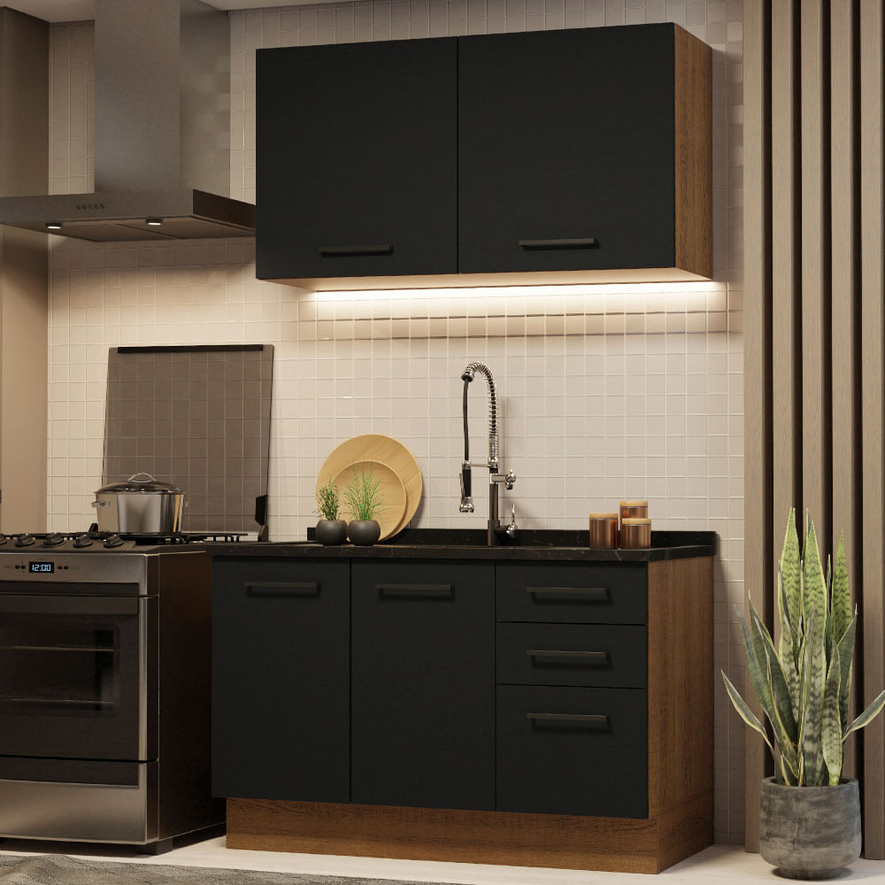 Armário de Cozinha Compacta 120cm Rustic/Preto Agata Madesa 01 - Rustic/Preto