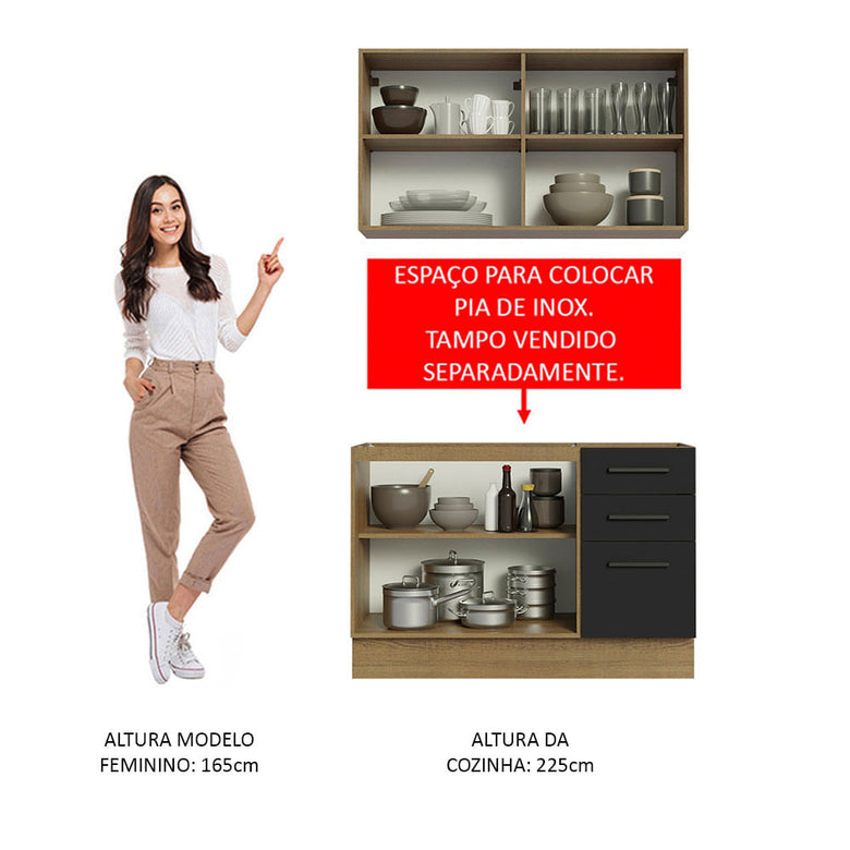 Armário de Cozinha Compacta 120cm Rustic/Preto Agata Madesa 01