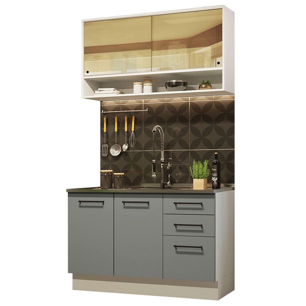 Armário de Cozinha Compacta 120cm Branco/Cinza Agata Madesa 02 - Branco/Cinza