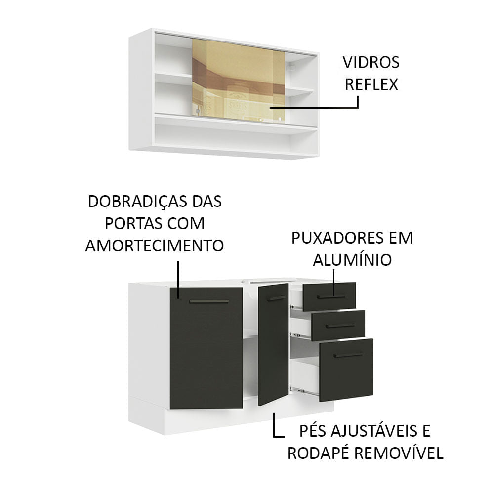 Armário de Cozinha Compacta 120cm Branco/Preto Agata Madesa 02