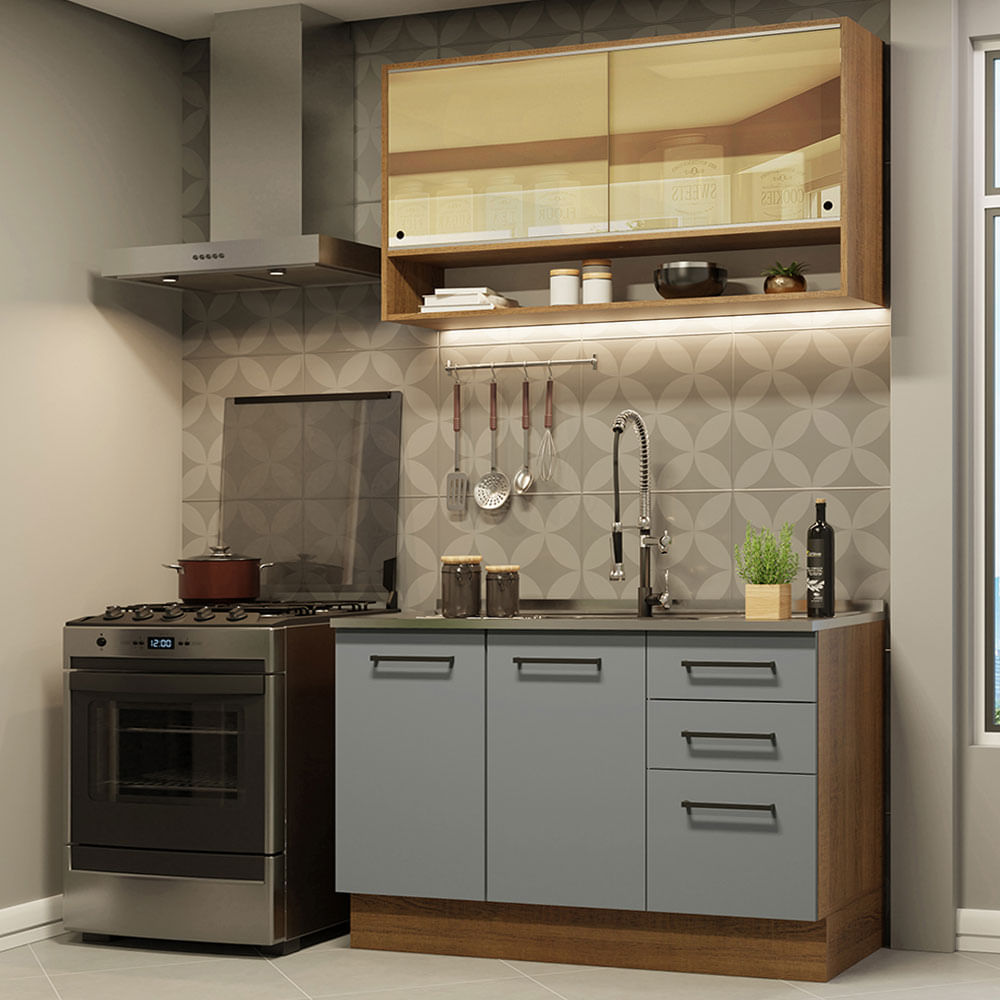Cozinha Compacta Agata Madesa 4 Portas 3 Gavetas MDP Rustic/Cinza 225x120x52cm - Rustic/Cinza