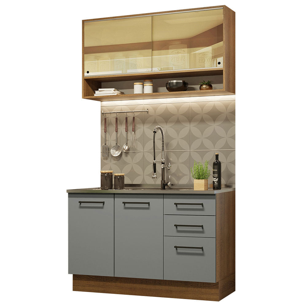Cozinha Compacta Agata Madesa 4 Portas 3 Gavetas MDP Rustic/Cinza 225x120x52cm - Rustic/Cinza