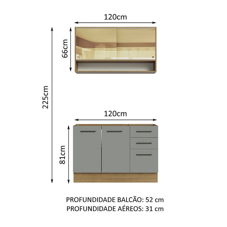 Cozinha Compacta Agata Madesa 4 Portas 3 Gavetas MDP Rustic/Cinza 225x120x52cm