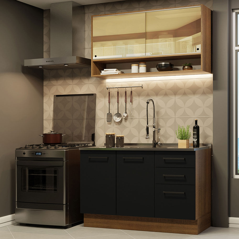 Armário de Cozinha Compacta 120cm Rustic/Preto Agata Madesa 02 - Rustic/Preto