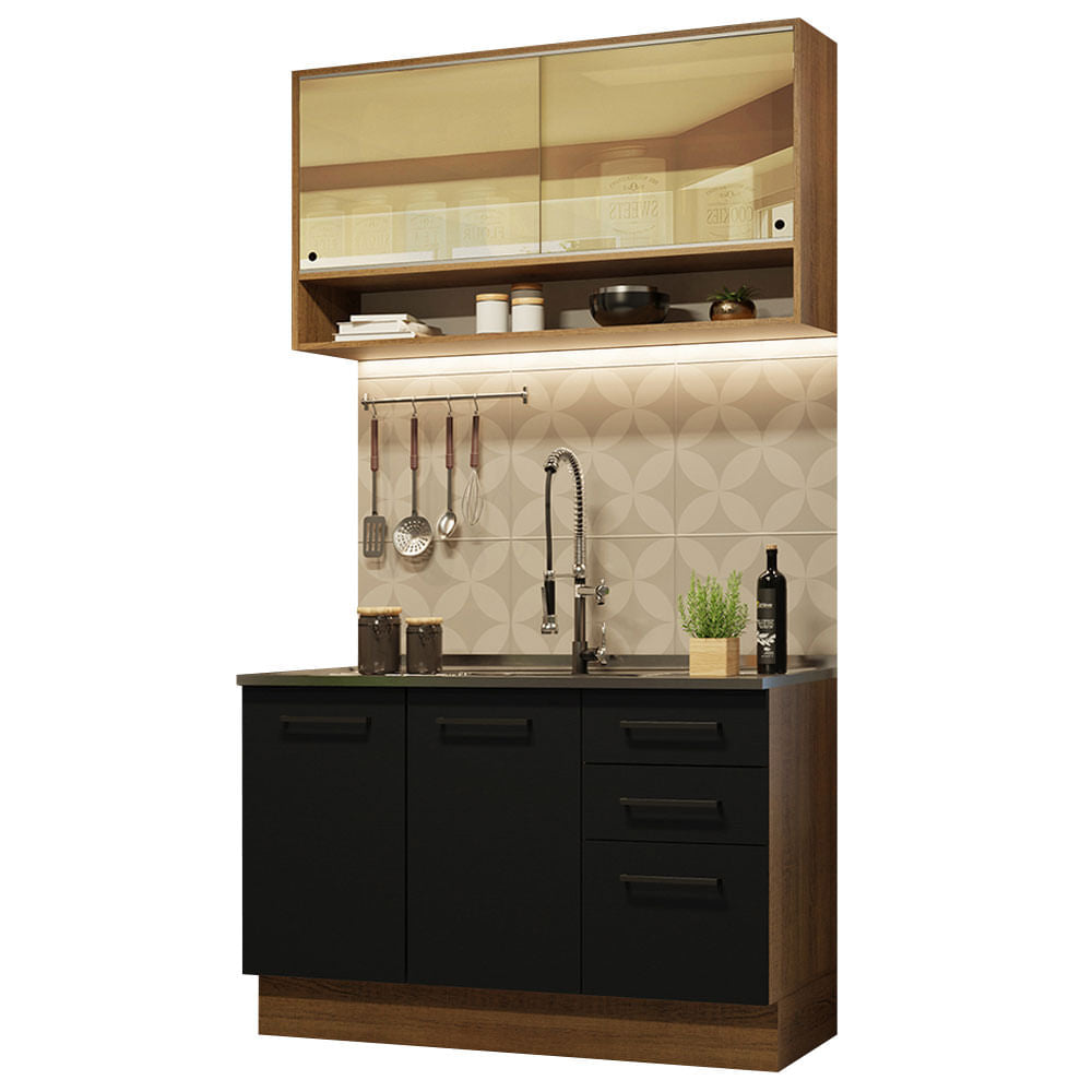 Armário de Cozinha Compacta 120cm Rustic/Preto Agata Madesa 02 - Rustic/Preto