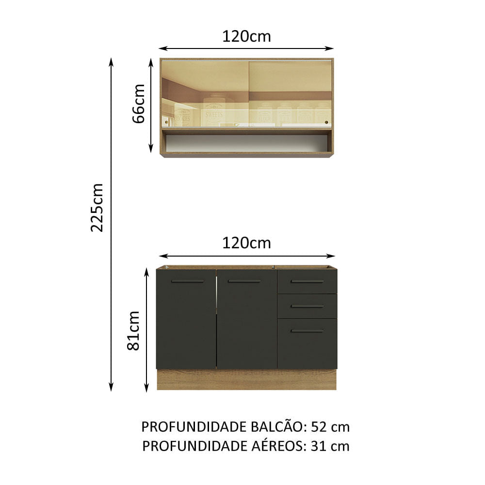 Armário de Cozinha Compacta 120cm Rustic/Preto Agata Madesa 02