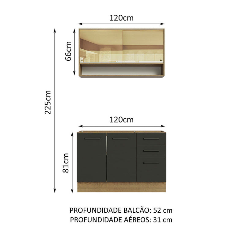 Armário de Cozinha Compacta 120cm Rustic/Preto Agata Madesa 02