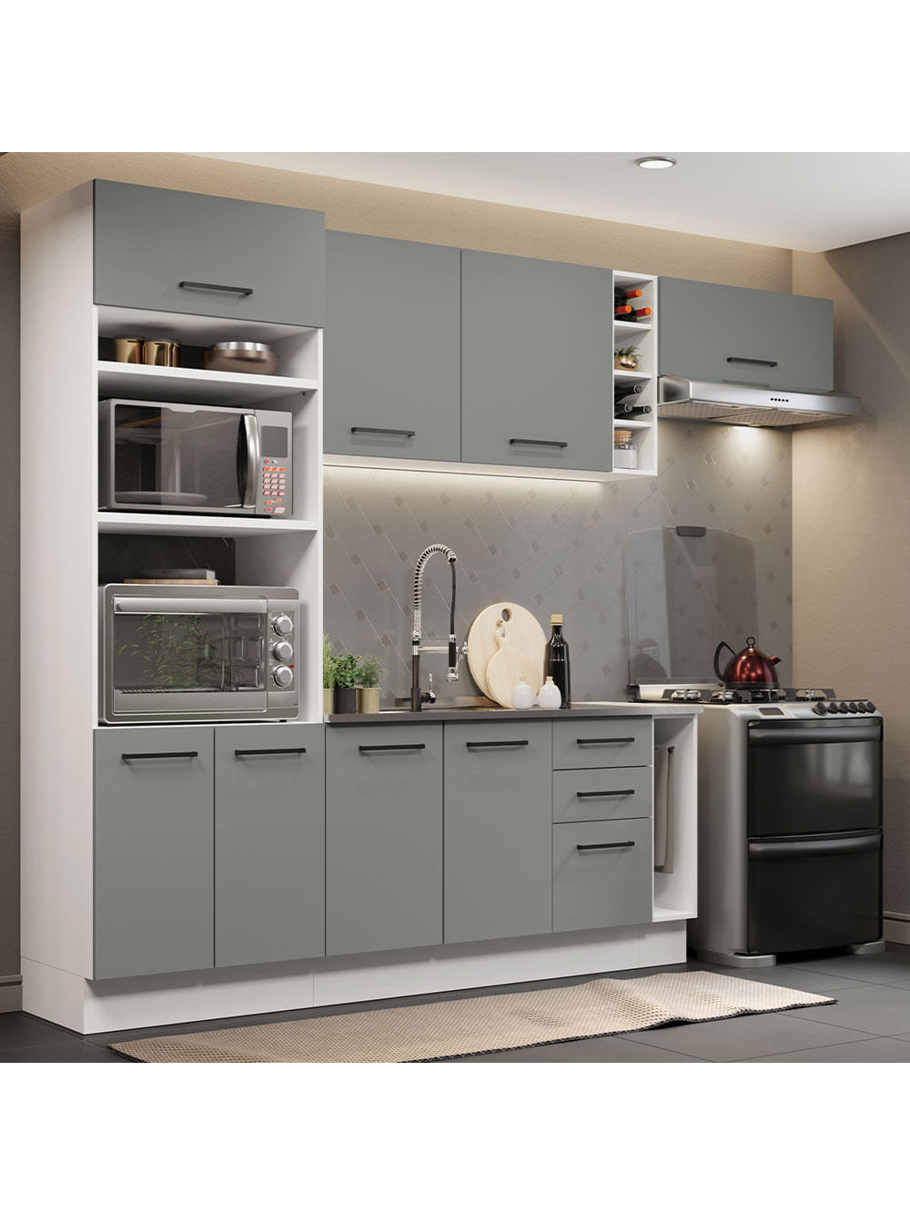 Armário de Cozinha Completa 290cm Branco Cinza Agata Madesa 03 - Branco/Cinza