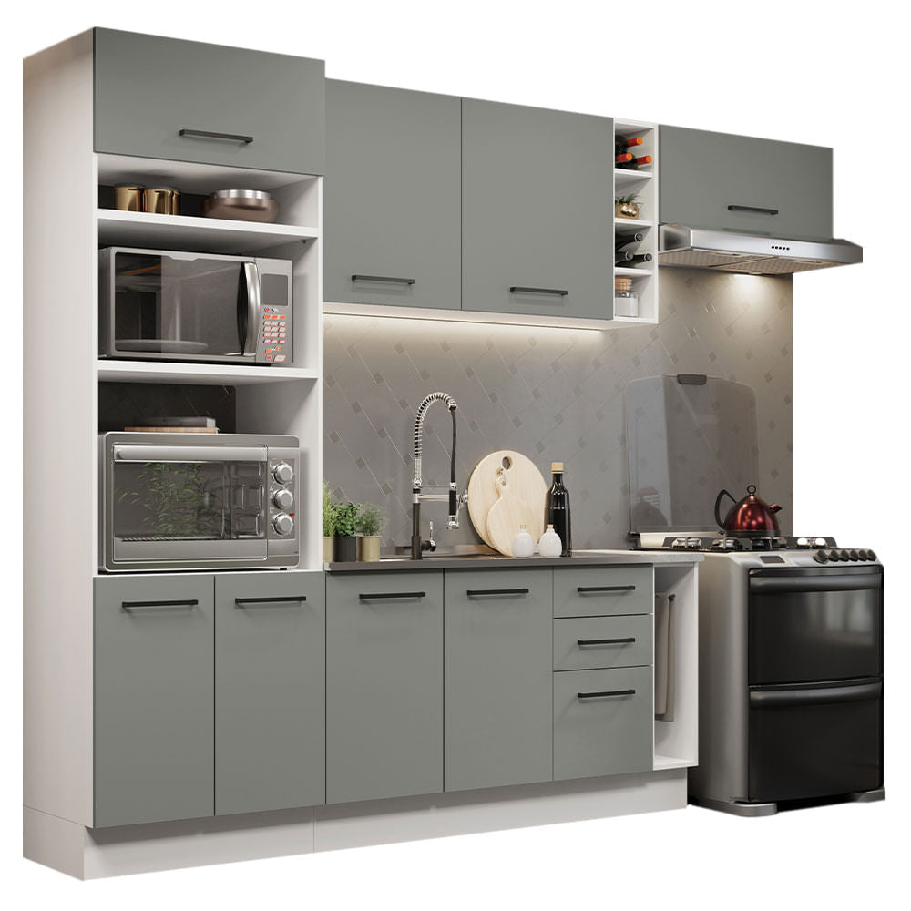 Armário de Cozinha Completa 290cm Branco Cinza Agata Madesa 03 - Branco/Cinza