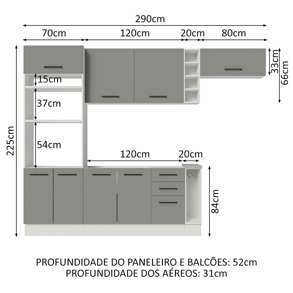 Armário de Cozinha Completa 290cm Branco Cinza Agata Madesa 03