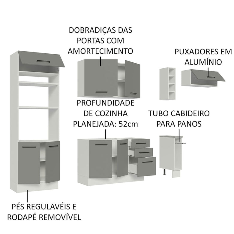 Armário de Cozinha Completa 290cm Branco Cinza Agata Madesa 03