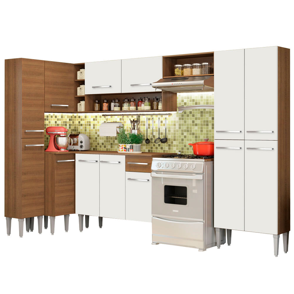Armário de Cozinha Completa 385cm Rustic/Branco Emilly Love Madesa 01 - Branco/Rustic
