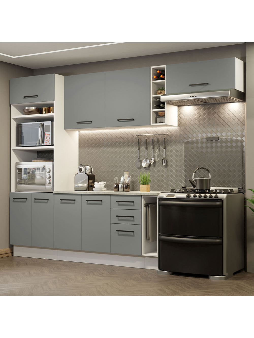 Armário de Cozinha Completa 290cm Branco Cinza Agata Madesa 04 - Branco/Cinza