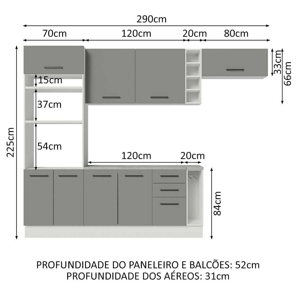 Armário de Cozinha Completa 290cm Branco Cinza Agata Madesa 04
