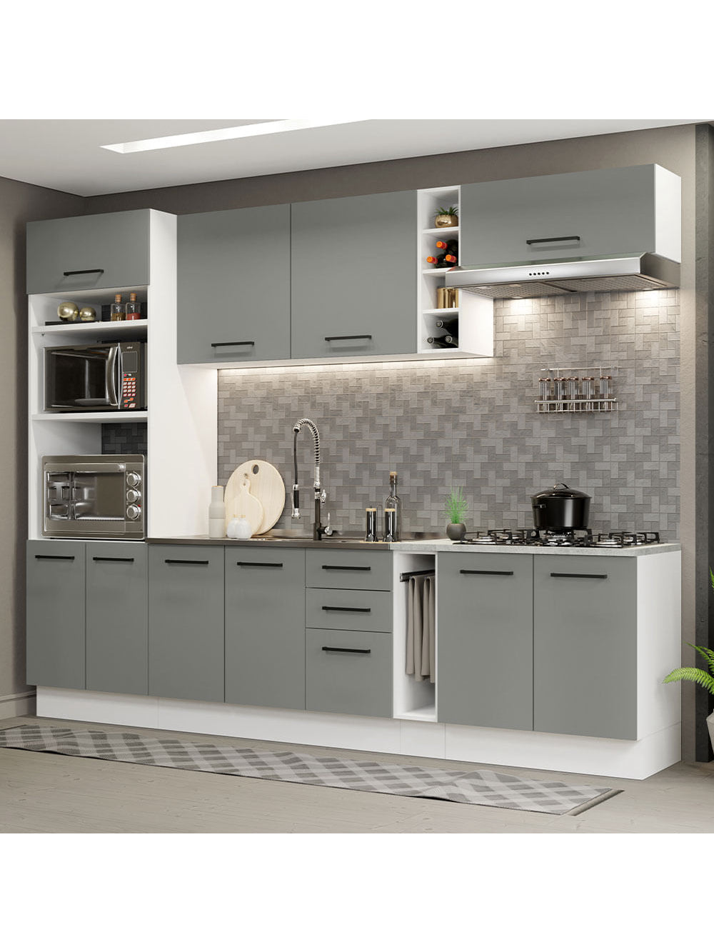 Armário de Cozinha Completa 290cm Branco Cinza Agata Madesa 05 - Branco/Cinza