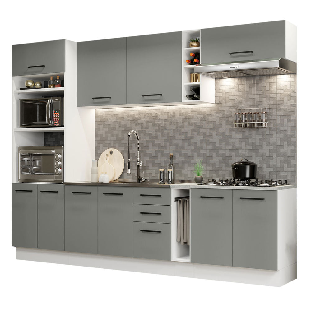 Armário de Cozinha Completa 290cm Branco Cinza Agata Madesa 05 - Branco/Cinza