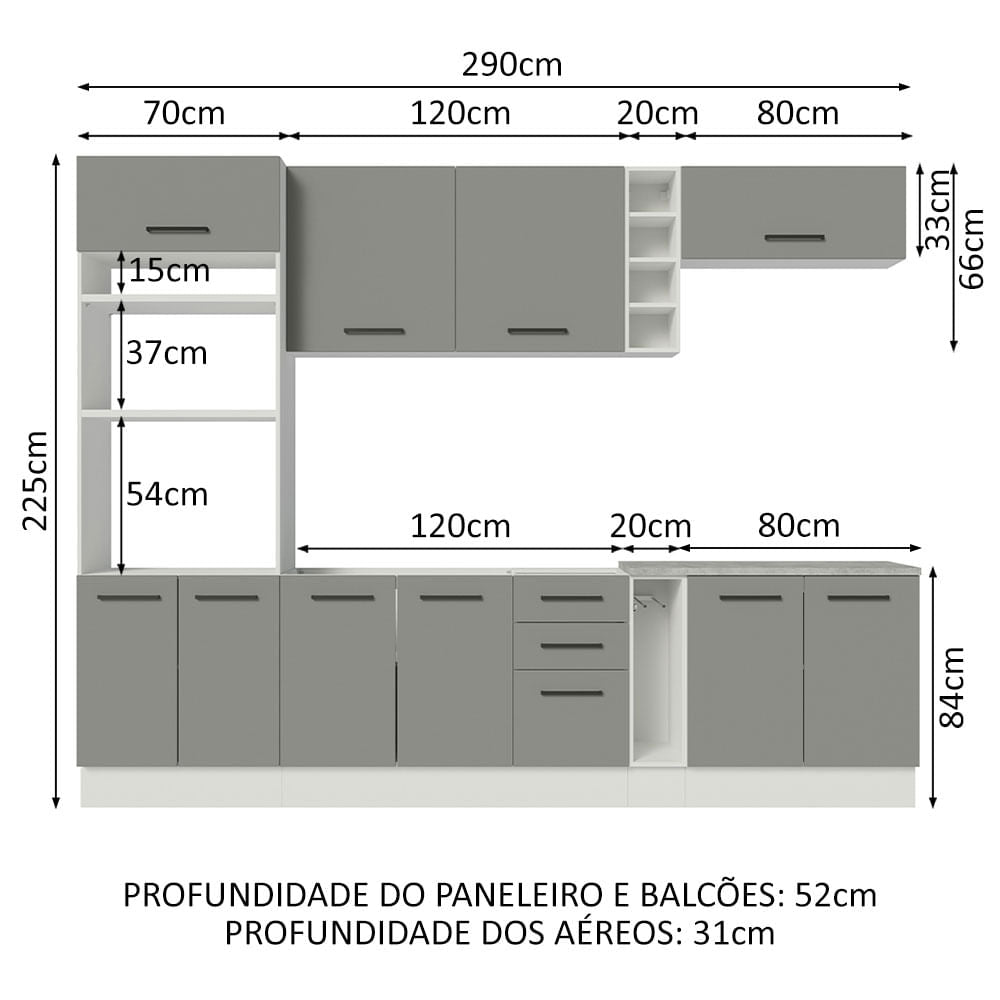 Armário de Cozinha Completa 290cm Branco Cinza Agata Madesa 05
