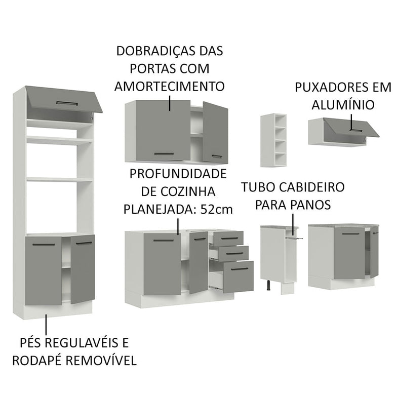 Armário de Cozinha Completa 290cm Branco Cinza Agata Madesa 05