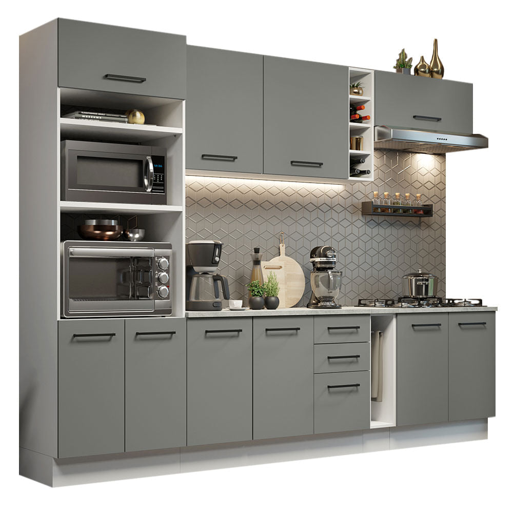Armário de Cozinha Completa 290cm Branco Cinza Agata Madesa 06 - Branco/Cinza