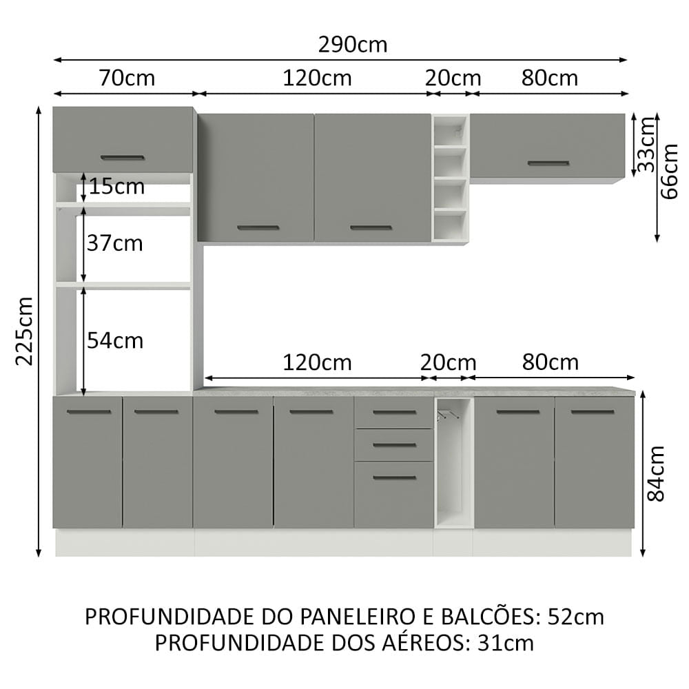Armário de Cozinha Completa 290cm Branco Cinza Agata Madesa 06