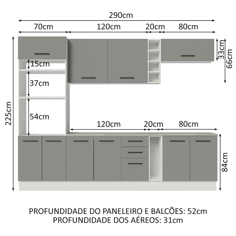 Armário de Cozinha Completa 290cm Branco Cinza Agata Madesa 06