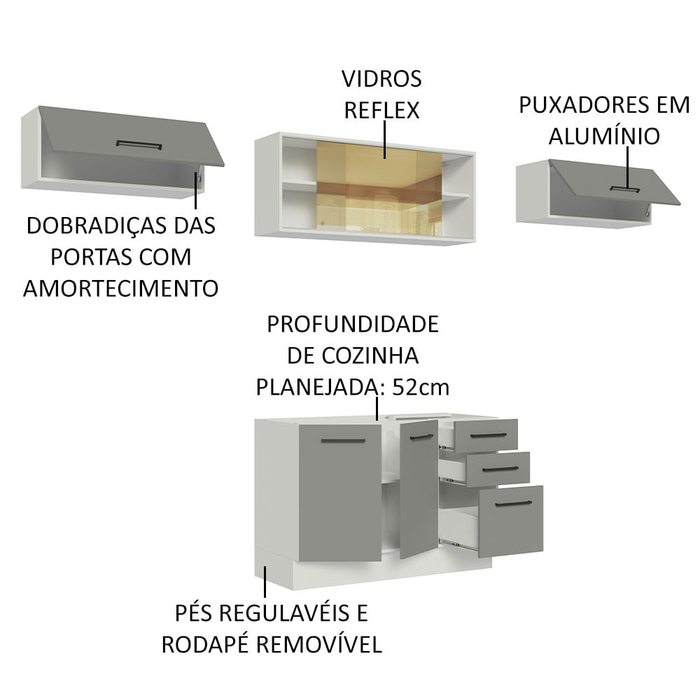 Armário de Cozinha Compacta 280cm Branco/Cinza Agata Madesa 03