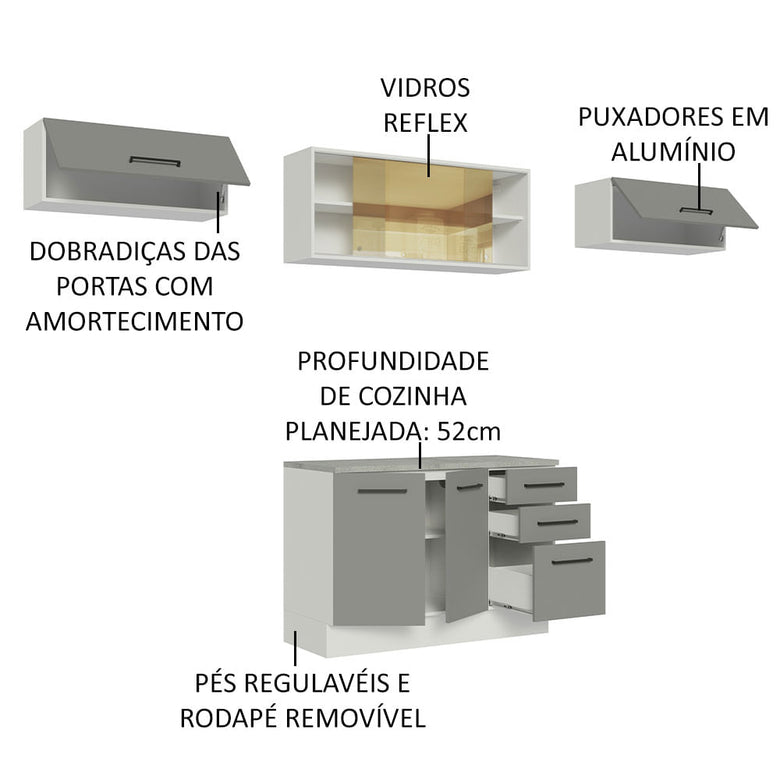 Armário de Cozinha Compacta 280cm Branco/Cinza Agata Madesa 04