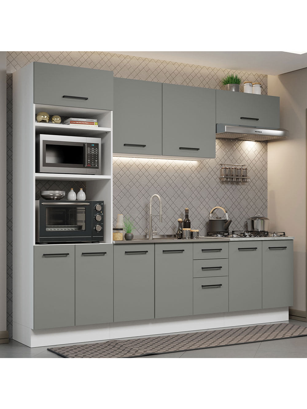 Armário de Cozinha Completa 270cm Branco Cinza Agata Madesa 01 - Branco/Cinza