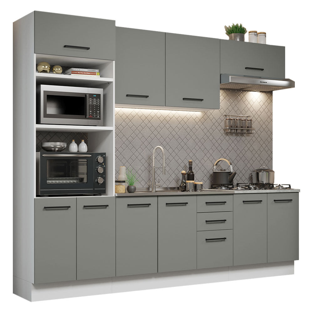 Armário de Cozinha Completa 270cm Branco Cinza Agata Madesa 01 - Branco/Cinza
