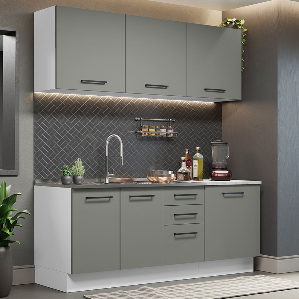 Armário de Cozinha Compacta 180cm Branco Cinza Agata Madesa 01 - Branco/Cinza