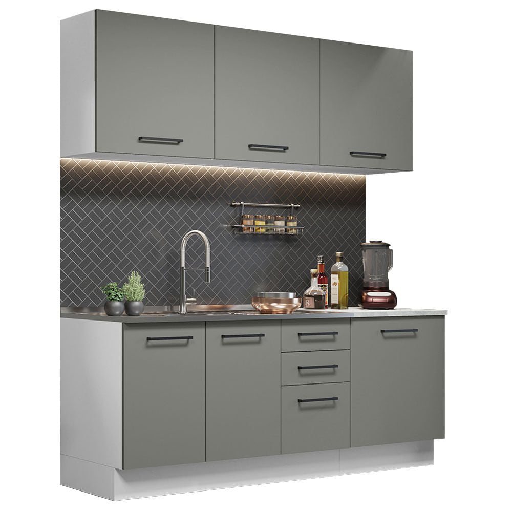 Armário de Cozinha Compacta 180cm Branco Cinza Agata Madesa 01 - Branco/Cinza