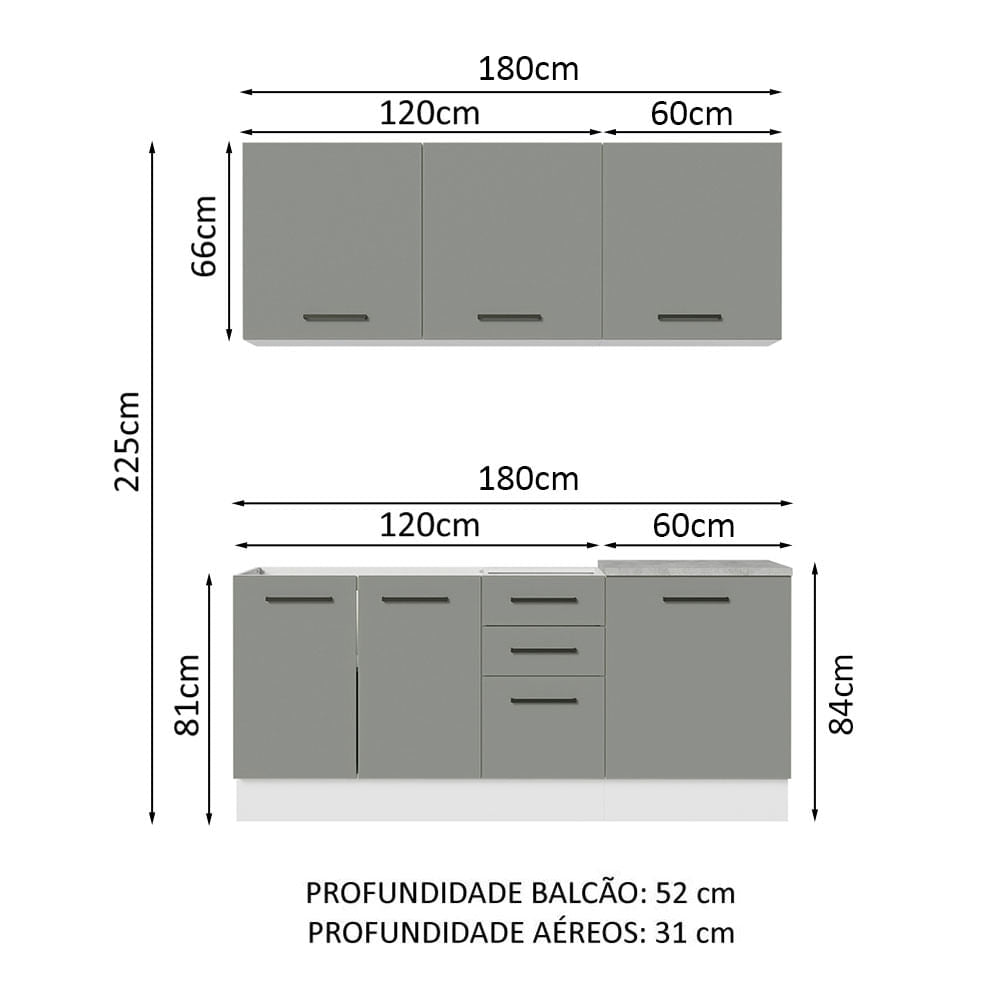 Armário de Cozinha Compacta 180cm Branco Cinza Agata Madesa 01