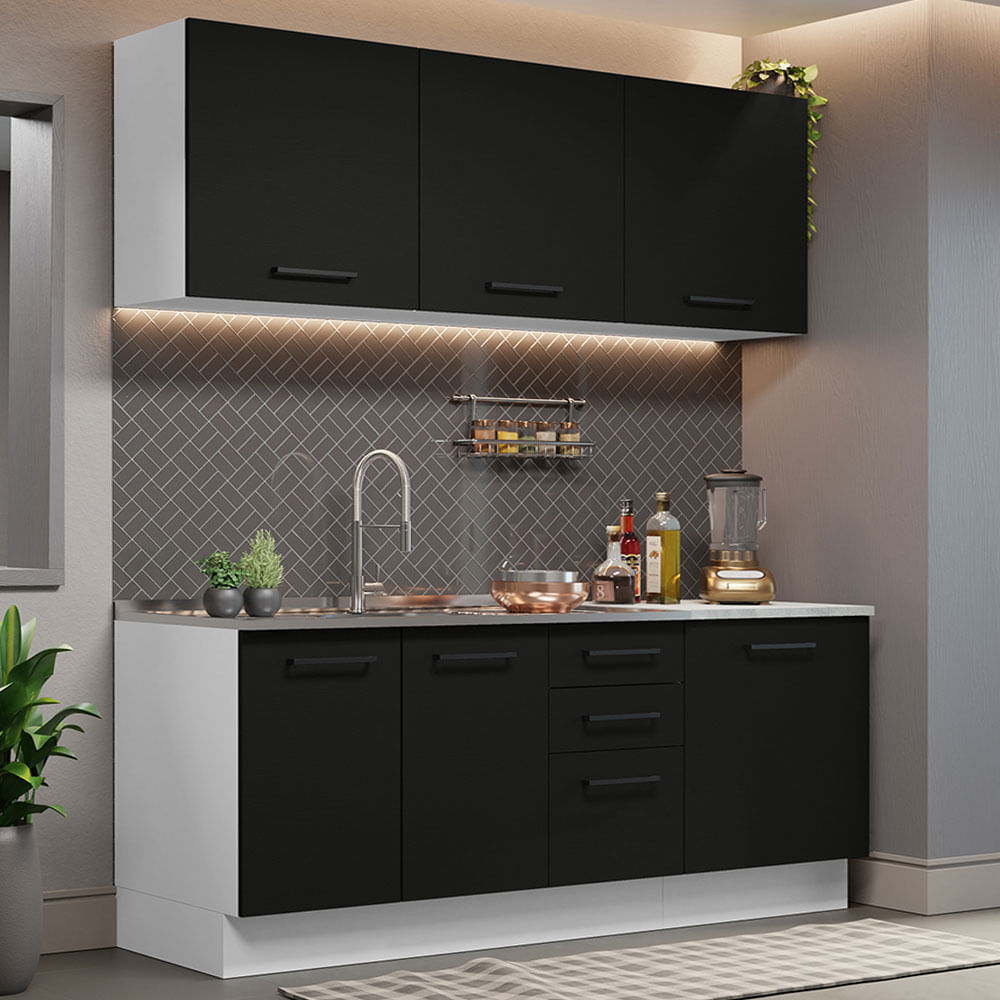 Armário de Cozinha Compacta 180cm Branco Preto Agata Madesa 01 - Branco/Preto