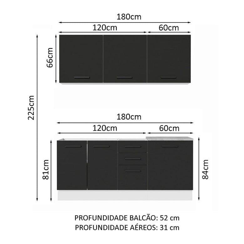 Armário de Cozinha Compacta 180cm Branco Preto Agata Madesa 01
