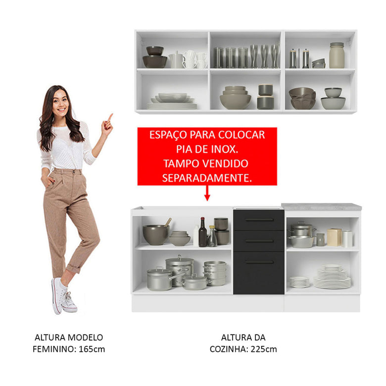 Armário de Cozinha Compacta 180cm Branco Preto Agata Madesa 01