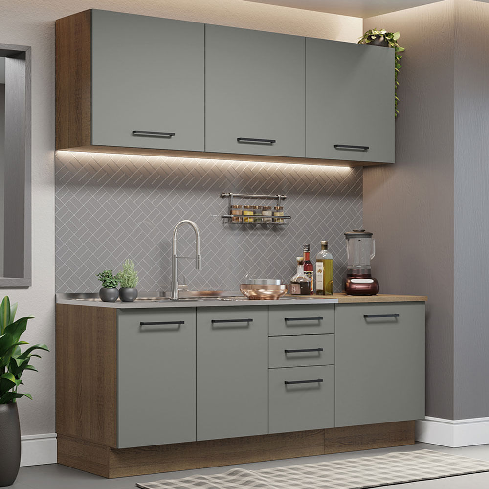 Armário de Cozinha Compacta 180cm Rustic Cinza Agata Madesa 01 - Rustic/Cinza