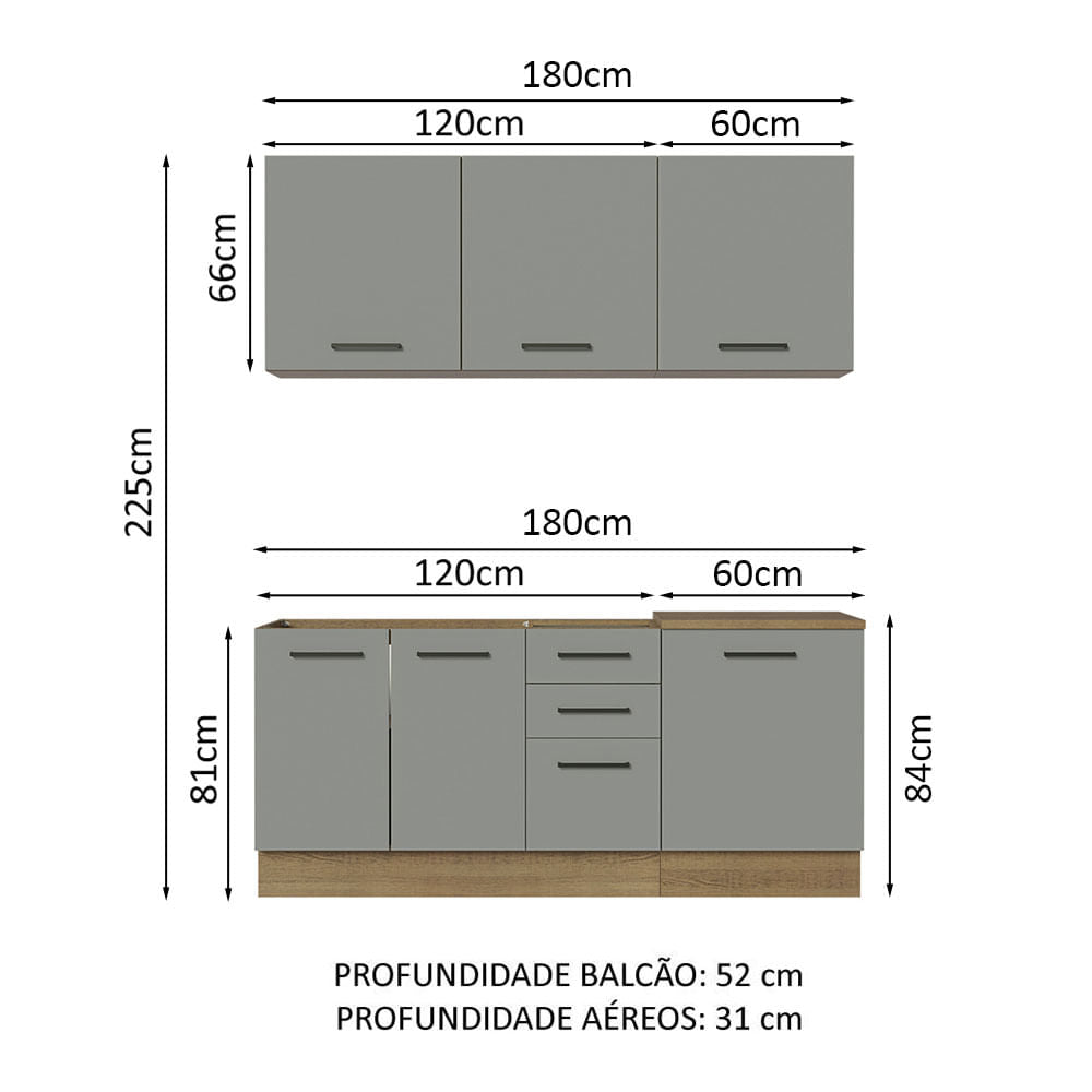 Armário de Cozinha Compacta 180cm Rustic Cinza Agata Madesa 01