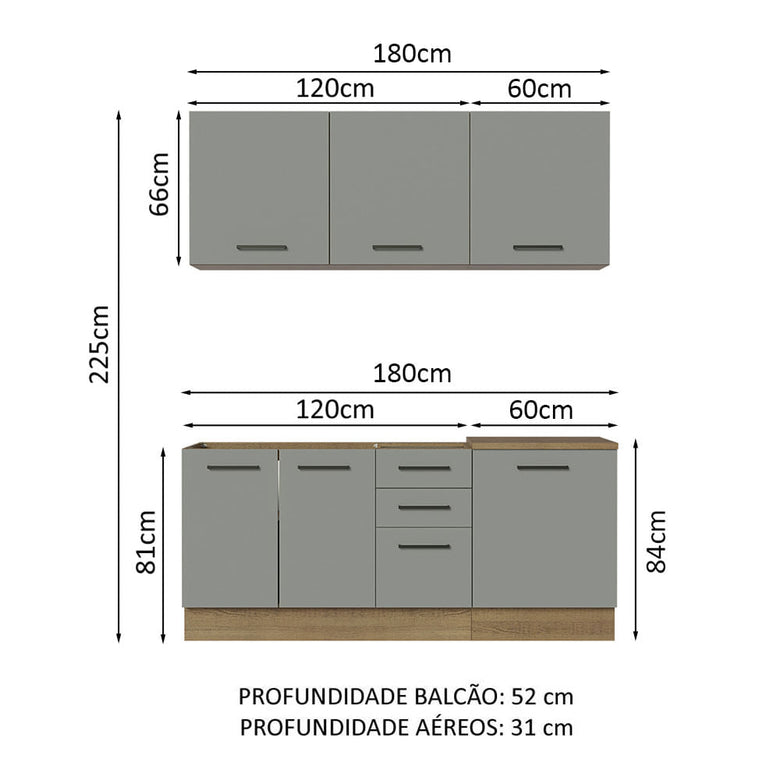 Armário de Cozinha Compacta 180cm Rustic Cinza Agata Madesa 01