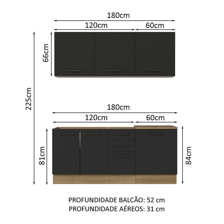 Armário de Cozinha Compacta 180cm Rustic Preto Agata Madesa 01