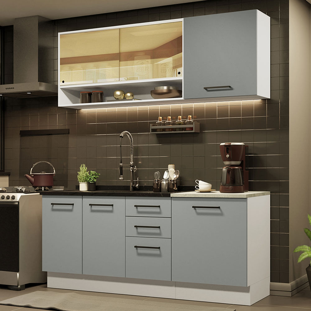 Armário de Cozinha Compacta 180cm Branco Cinza Agata Madesa 02 - Branco/Cinza