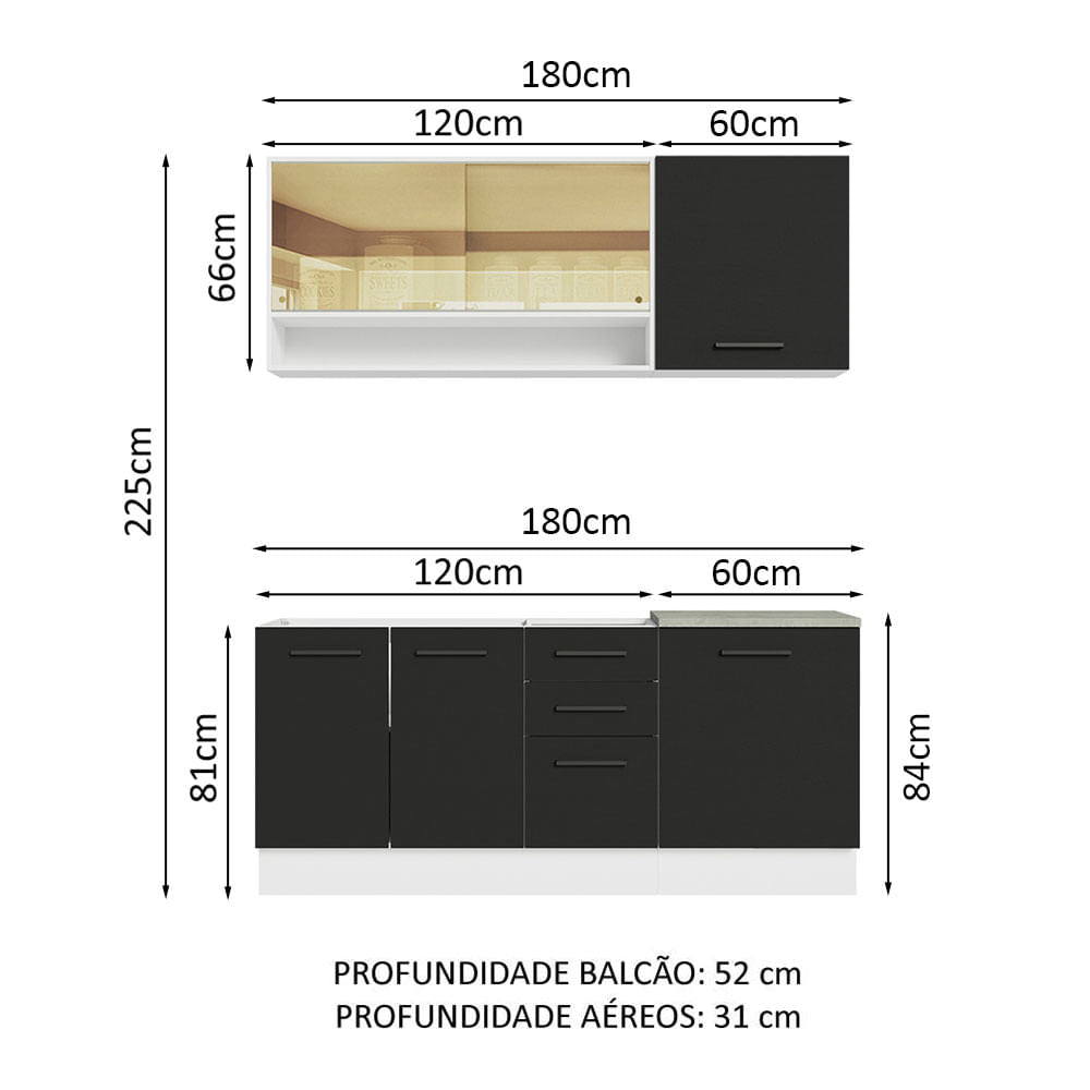 Armário de Cozinha Compacta 180cm Branco Preto Agata Madesa 02