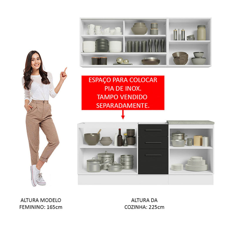 Armário de Cozinha Compacta 180cm Branco Preto Agata Madesa 02
