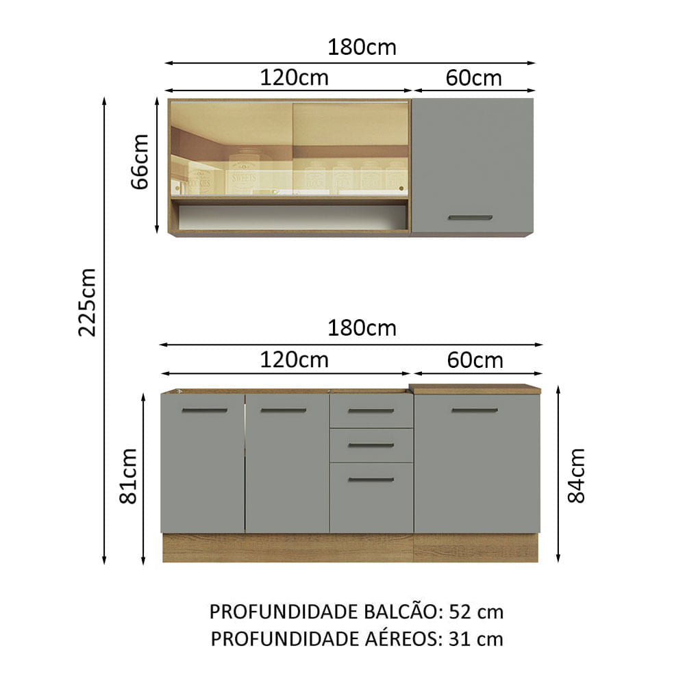 Armário de Cozinha Compacta 180cm Rustic Cinza Agata Madesa 02