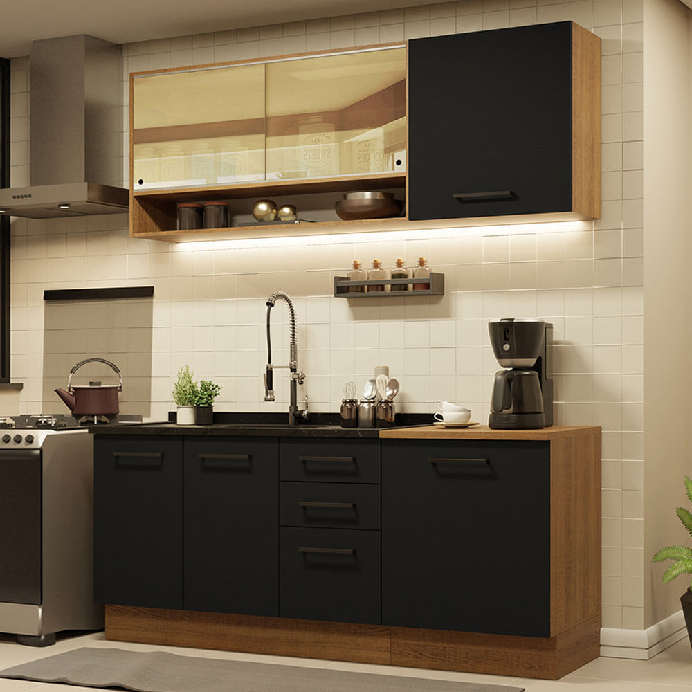 Armário de Cozinha Compacta 180cm Rustic Preto Agata Madesa 02 - Rustic/Preto