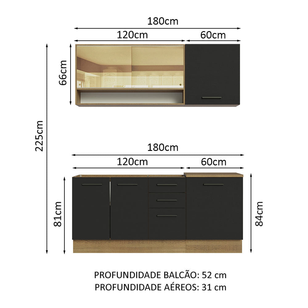 Armário de Cozinha Compacta 180cm Rustic Preto Agata Madesa 02