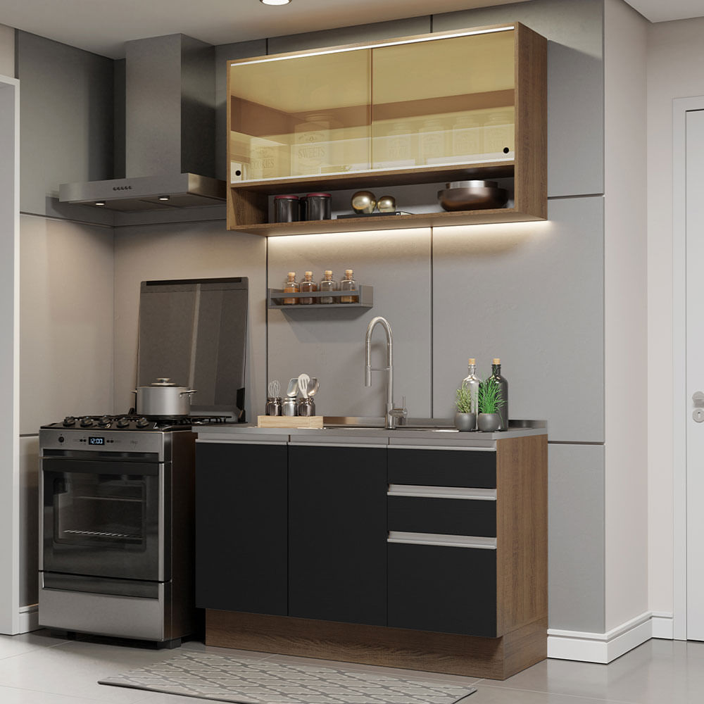 Armário de Cozinha Compacta 120cm Rustic/Preto Glamy Madesa 02 - Rustic/Preto