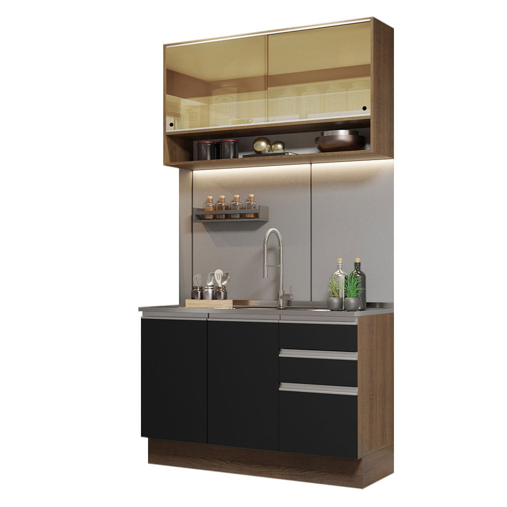 Armário de Cozinha Compacta 120cm Rustic/Preto Glamy Madesa 02 - Rustic/Preto